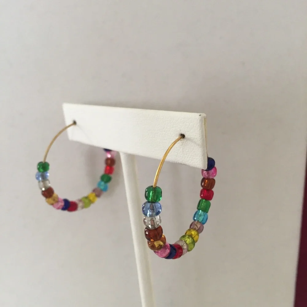 HAND CRAFTED Hoop Earrings Jewel Tones Multicolor Rainbow Pierced